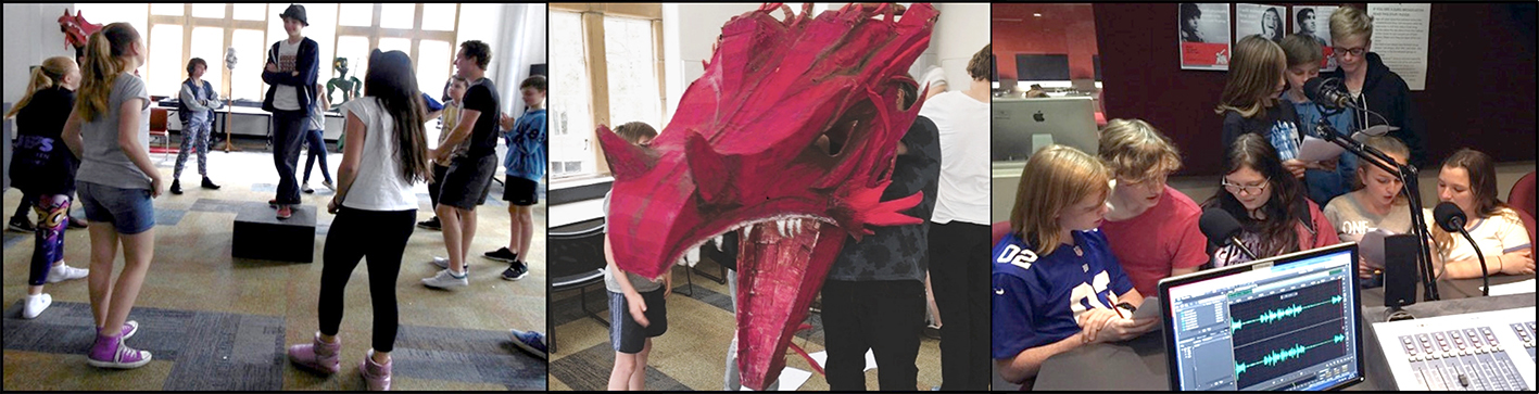 3 images of children in drama/puppetry workshop