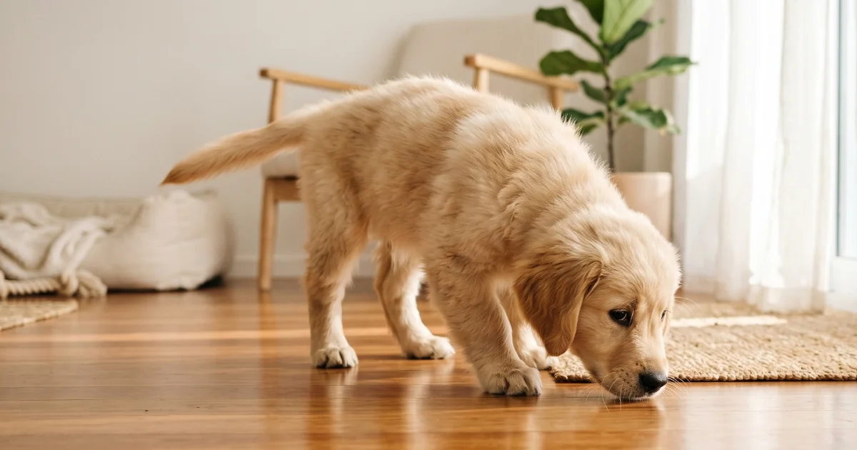 A curious puppy exploring a sunny Australian living room for the first time