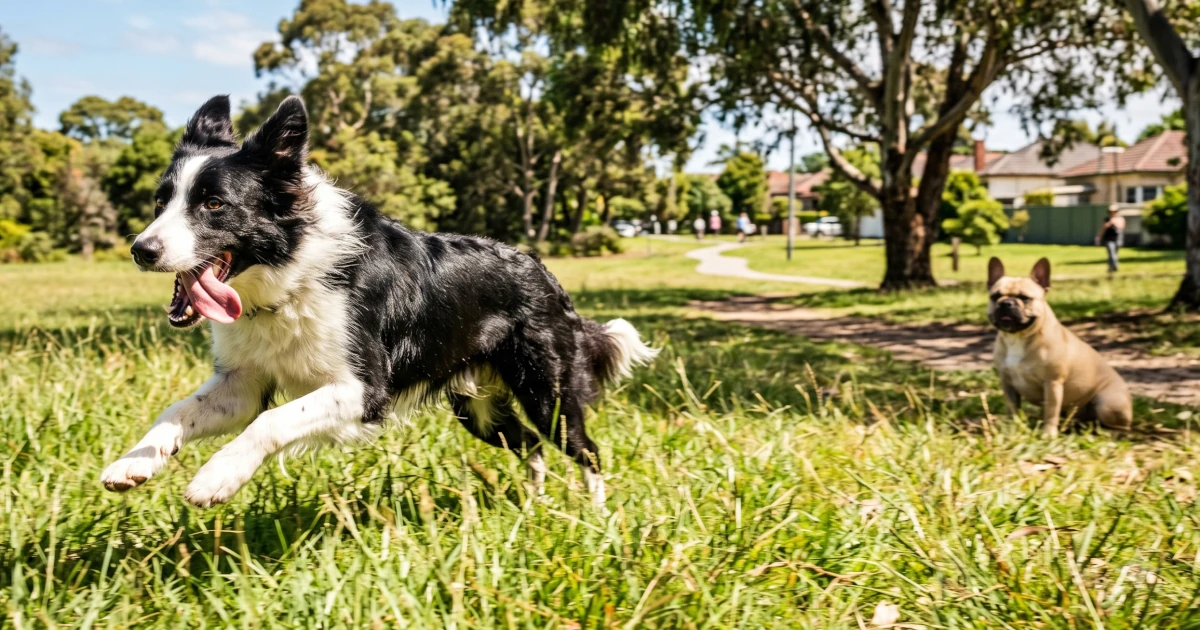 A black and white Border Collie running full speed across a grassy park, with a sitting French Bulldog in the background.