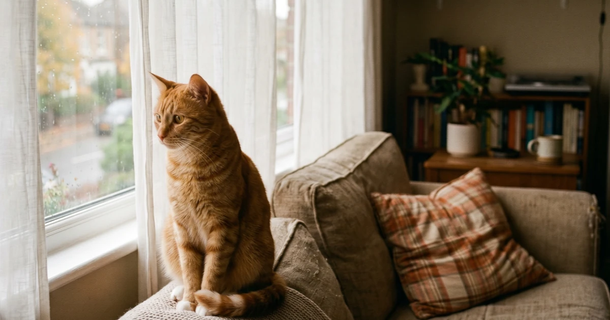 A ginger tabby cat sits on a couch, looking out a large window with sheer curtains on a rainy day.