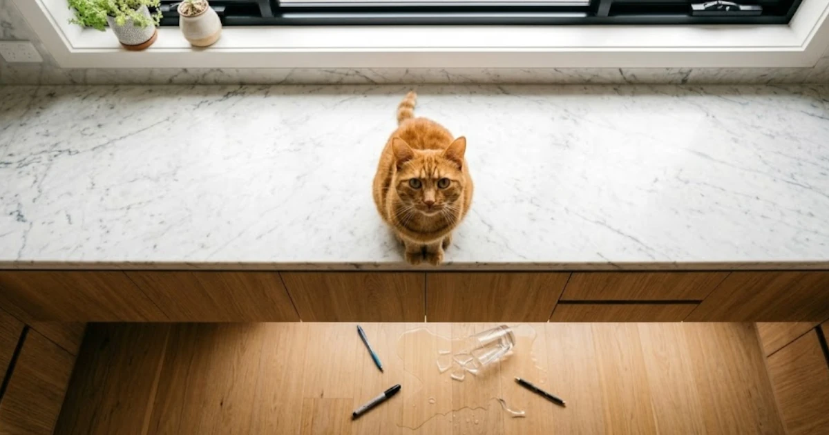 A ginger cat looking up at the camera while a glass is broken on the floor surrounded by pens and markers the cat has knocked off.