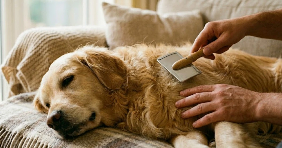 A dog calmly rests while getting his winter coat brushed.