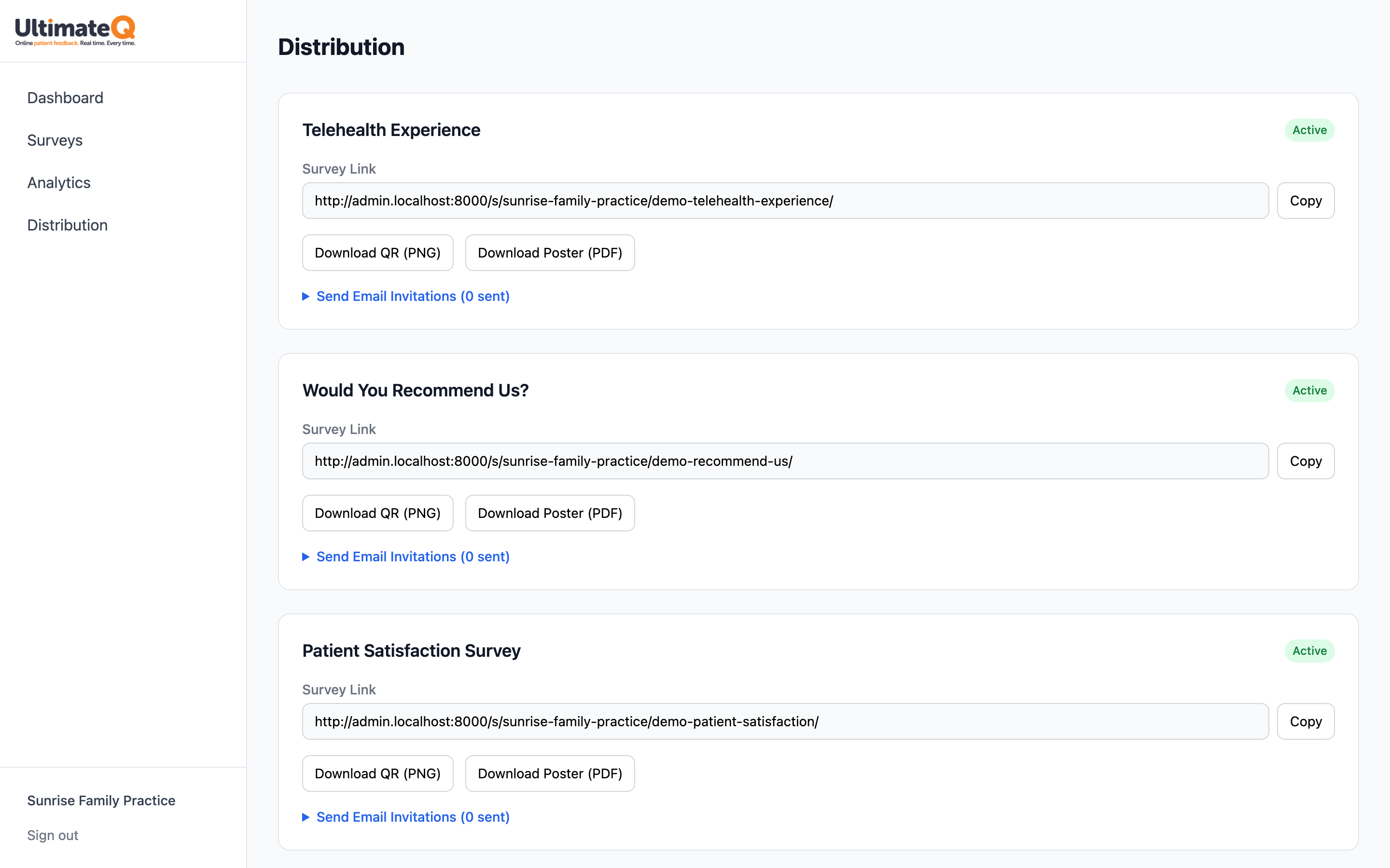 UltimateQ distribution page with survey links, QR code downloads and email invitations