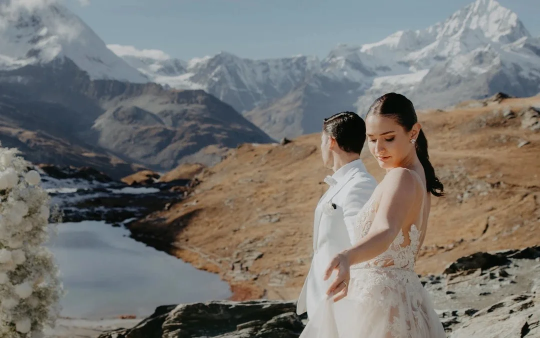 Couple at a mountain destination wedding