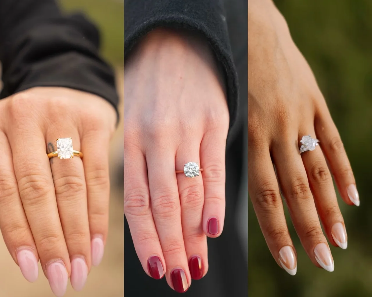 Side-by-side photos of two diamond engagement rings worn on the hand