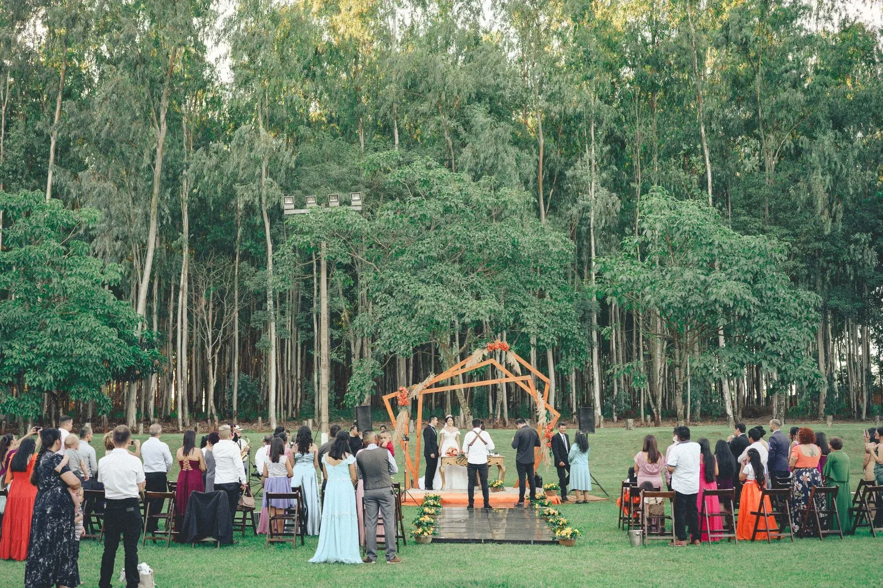 Outdoor wedding ceremony set among tall trees in a forest