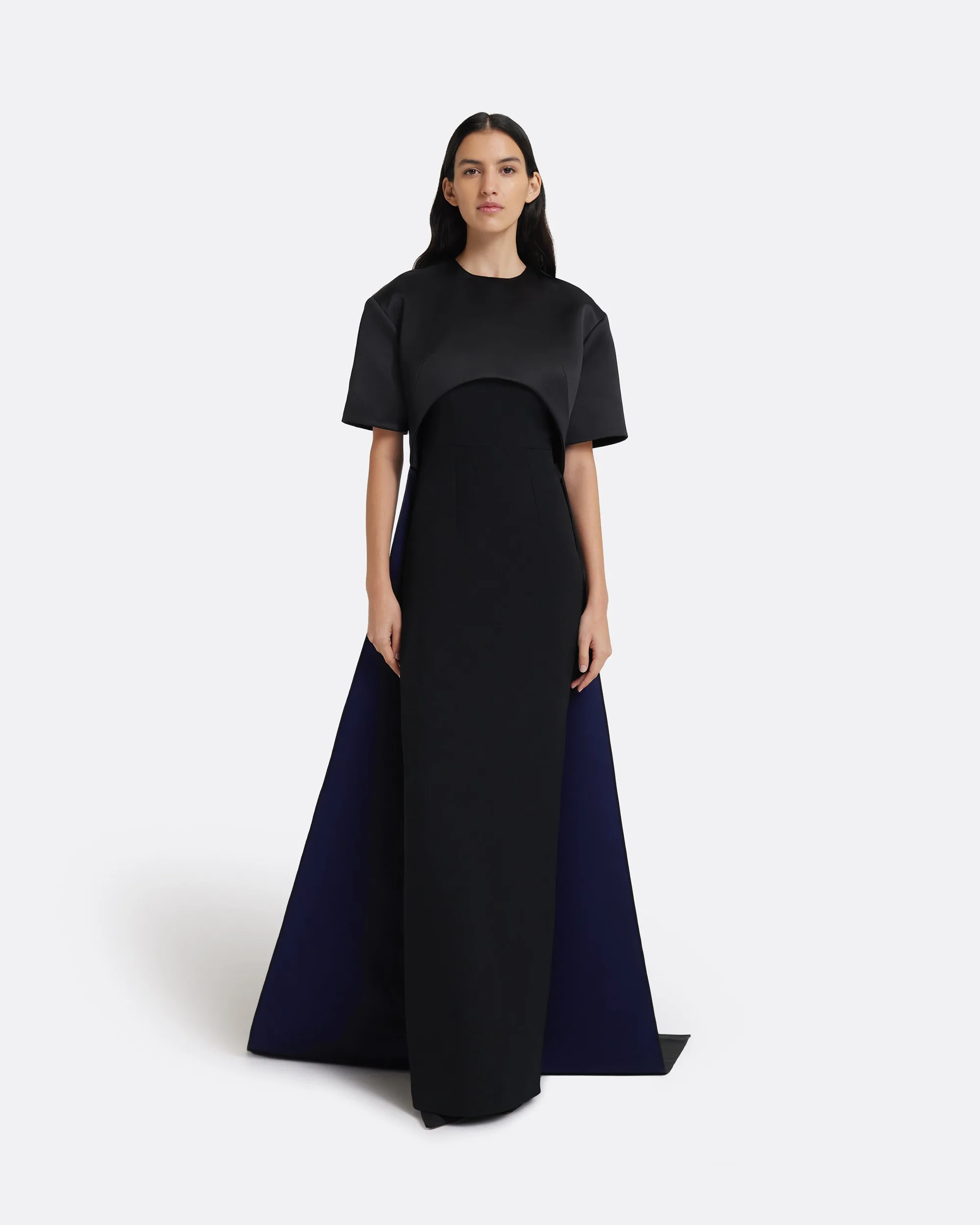 Safiyaa Onaise black column gown with cape back, a covered black tie gown | Wedded Wonderland